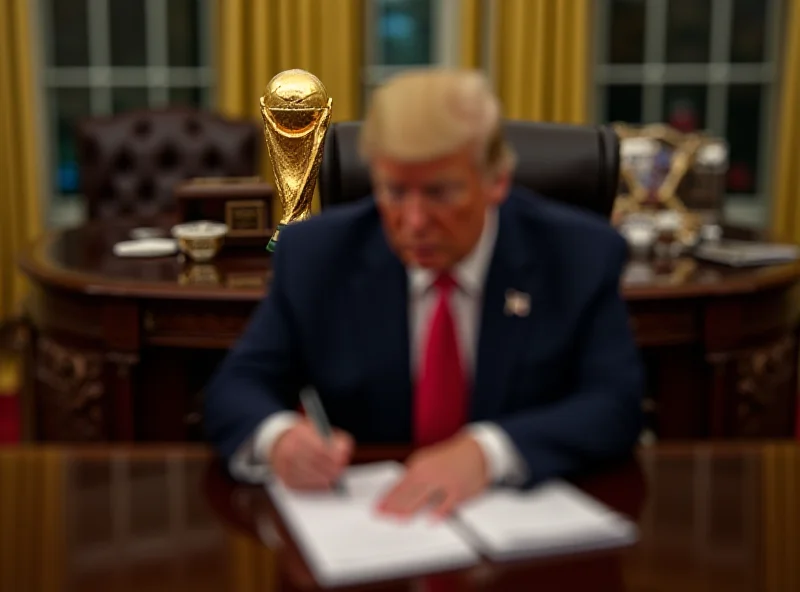 Donald Trump in the Oval Office with a World Cup trophy replica