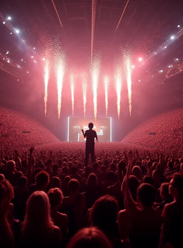 A vibrant and energetic Super Bowl halftime show with performers and fireworks