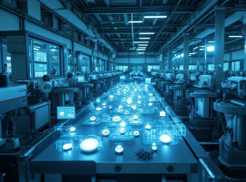 A futuristic factory floor with 3D printers creating various interconnected smart devices.