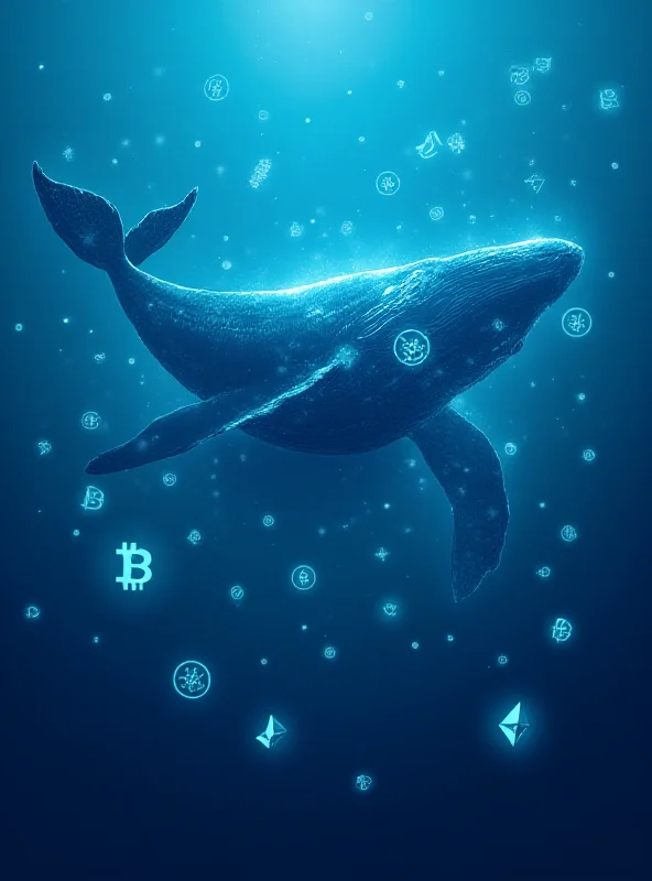 A stylized image of a whale swimming through a sea of cryptocurrency symbols, representing Crypto Whales and their influence.