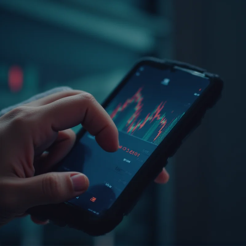 A person using a mobile app on their phone to trade cryptocurrency, with charts and graphs displayed on the screen.