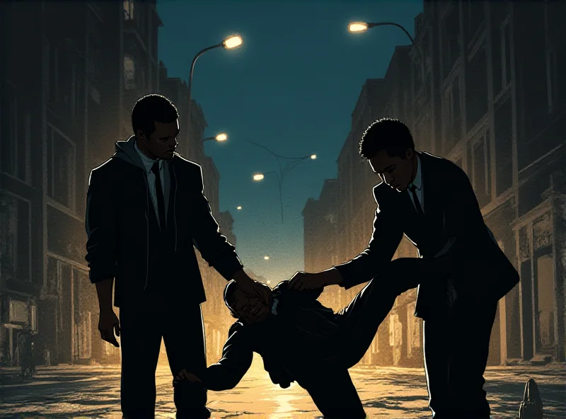 Illustration of two men helping another who has fallen. The setting is a city street at night.