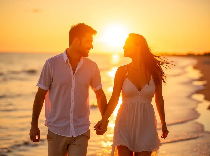 A happy couple holding hands walking down a sunny beach in Florida