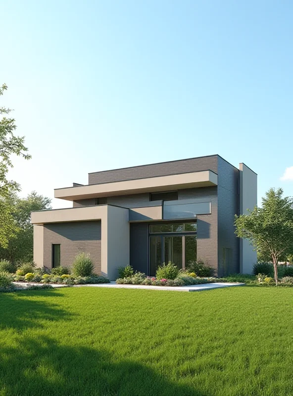 A modern house with a flat roof under a sunny sky