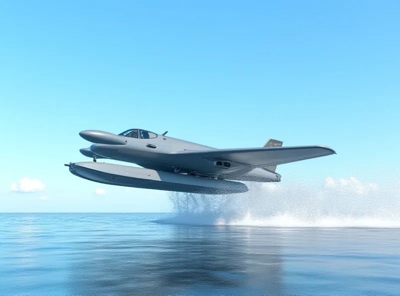 A side view of the Martin P6M Seamaster flying boat taking off from the water on a sunny day.