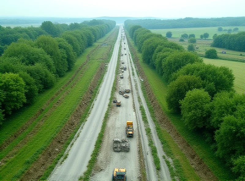 Aerial view of a partially constructed motorway winding through a green, rolling landscape.