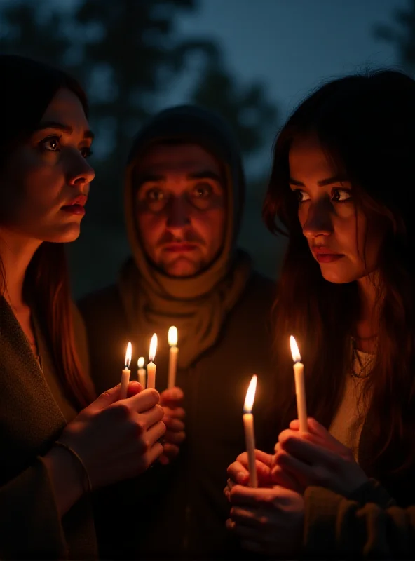 A somber scene with members of a travelling community gathered in mourning, candles lit and faces expressing grief.