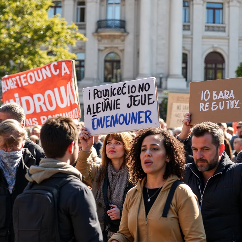 A protest scene in Toulouse, with people holding signs demanding justice and environmental protection, in front of a government building.