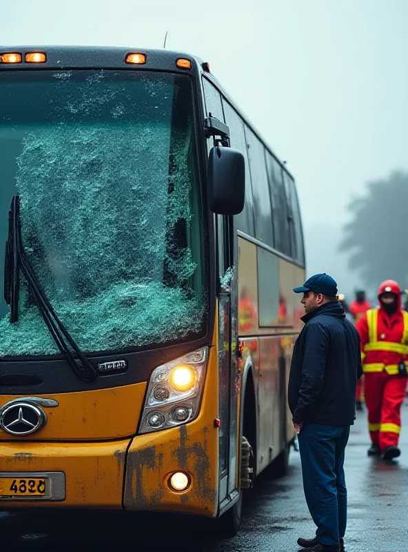 A close-up of a damaged bus with shattered windshield surrounded by emergency personnel