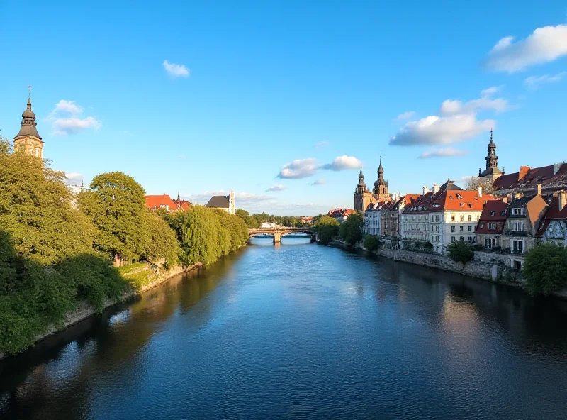 A sunny cityscape of Krakow with the Vistula River in the foreground and historic buildings in the background.