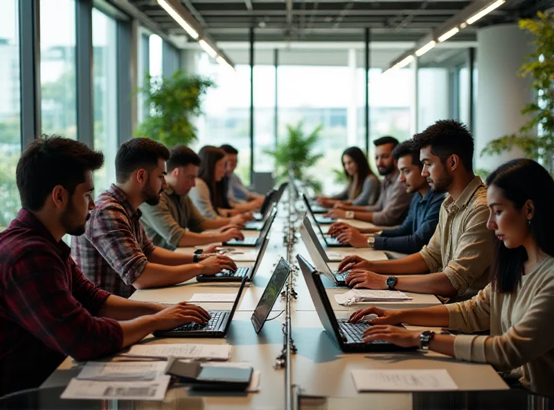 A diverse group of people working together in a modern office environment, using various Acer laptops and devices