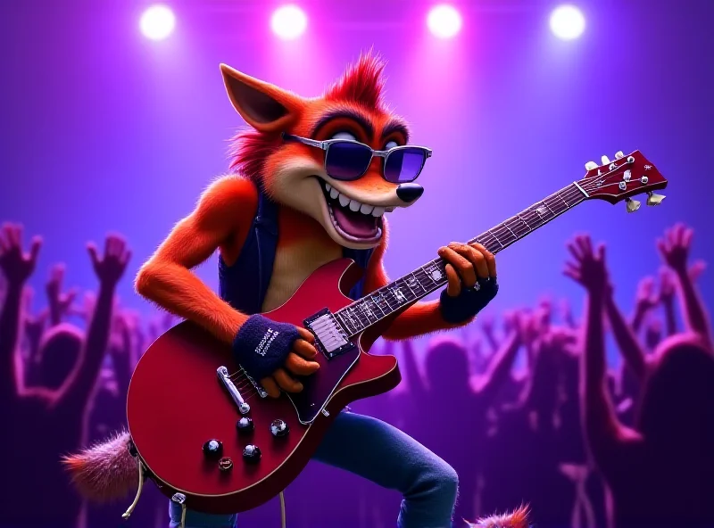 AI generated image of Crash Bandicoot playing guitar on stage