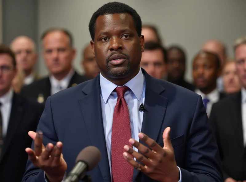 Eric Adams speaking at a press conference, with a serious expression.