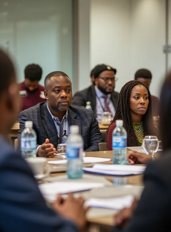 A diverse group of community leaders listening attentively at a meeting.