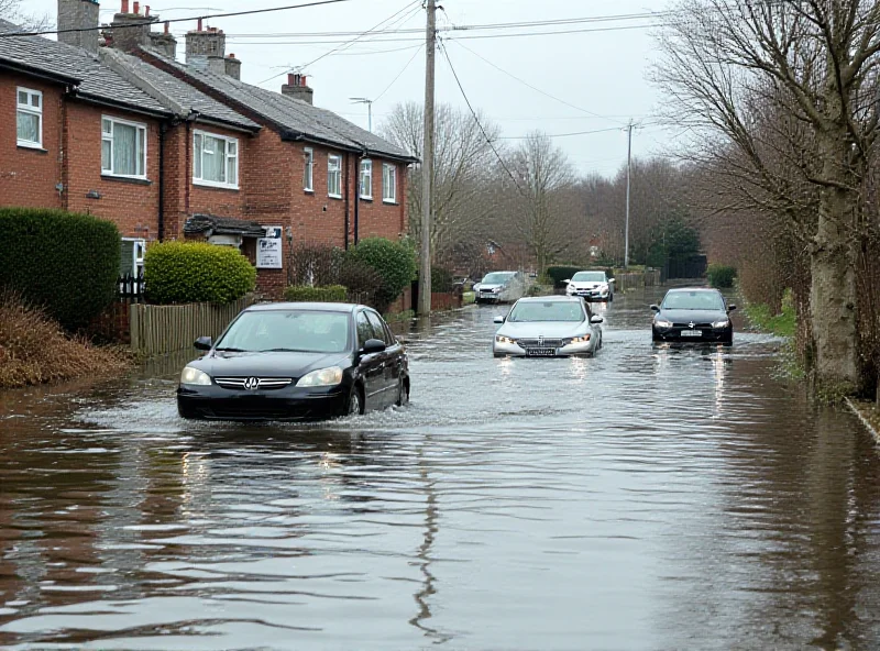 A flooded street scene with cars partially submerged in water.