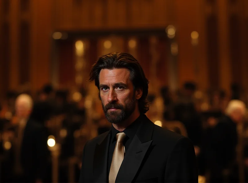 Adrien Brody at the Oscars looking smug with an orchestra in the background.