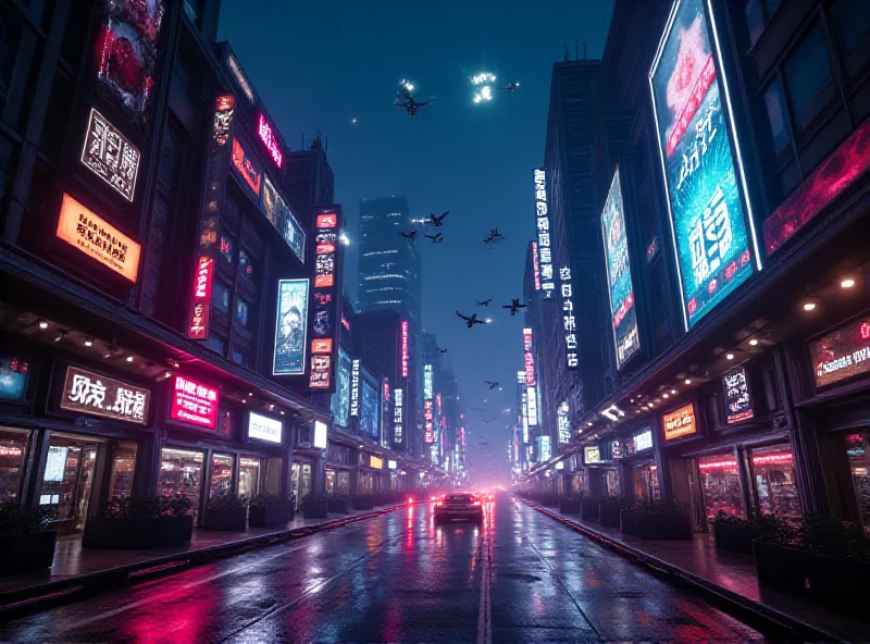 A futuristic cityscape with neon lights and holographic billboards advertising 'The Brutalist' movie.