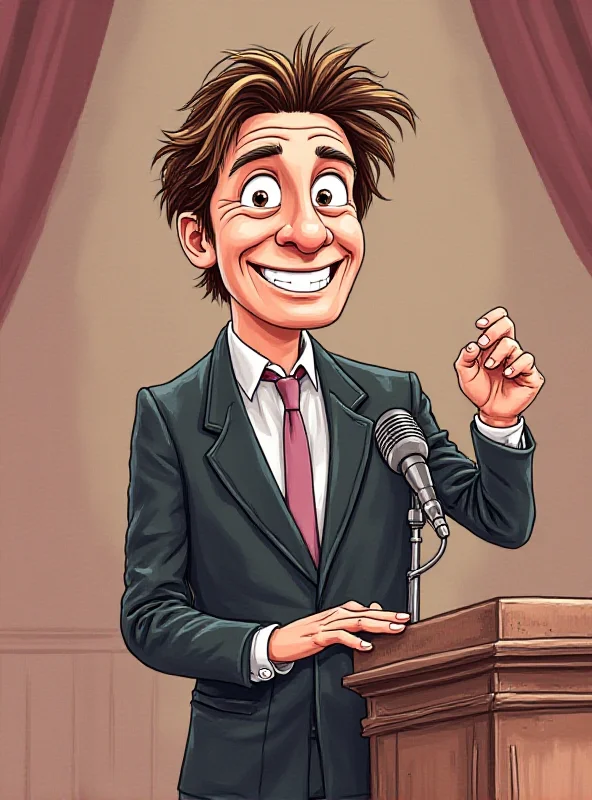 A cartoon drawing of Kieran Culkin delivering a pointed joke on stage at the SAG Awards, a microphone in front of him.