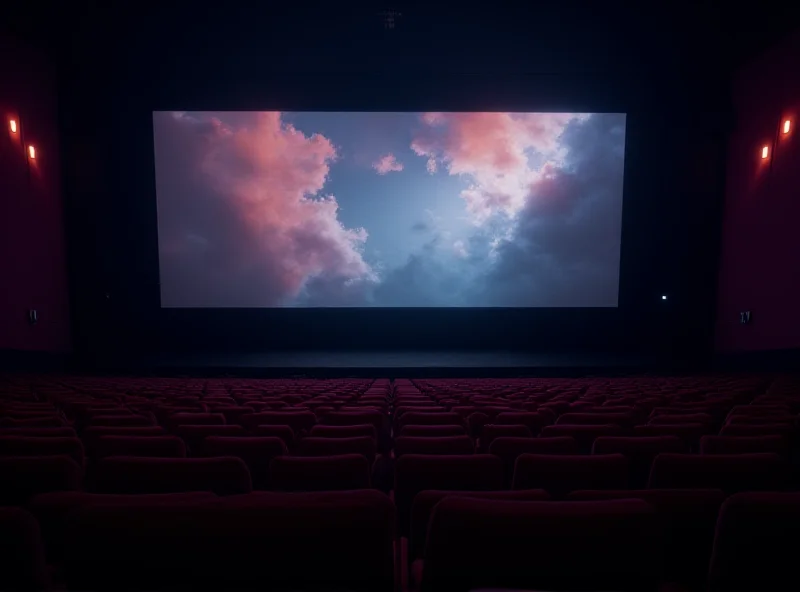 A wide shot of a nearly empty movie theater, with the screen showing a vibrant film.