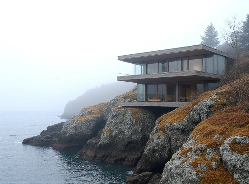 Exterior of a modern cabin built on a rocky shoreline.