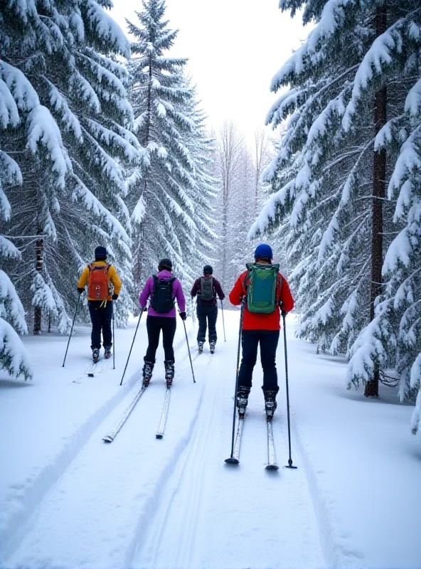 Cross-country skiers on a snowy trail through a forest in winter.