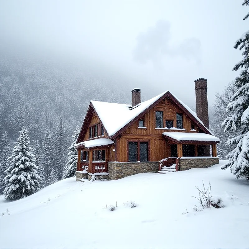 A cozy inn with snow covered roof. Smoke comes from the chimney.