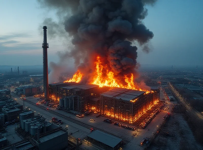 Aerial view of a large factory with smoke billowing from a fire.