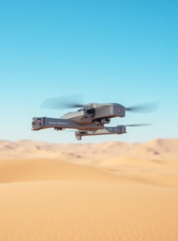 A high-tech drone hovering in a desert environment, with AeroVironment logo subtly visible.