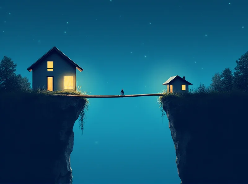 Illustration of a digital divide being bridged by a broadband cable reaching a low-income house.