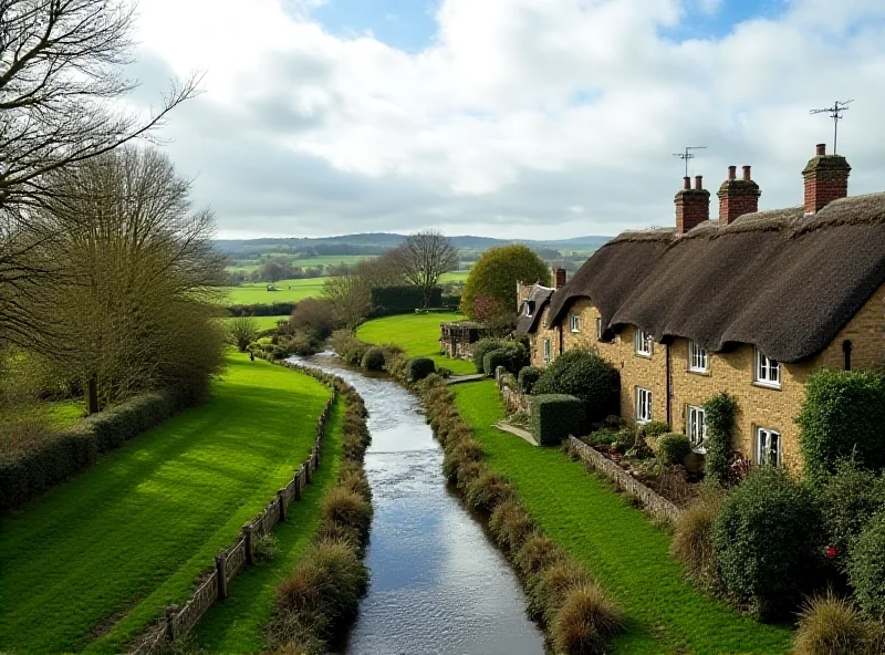 A picturesque countryside village scene in Bedfordshire, UK, with traditional stone houses and a winding river.