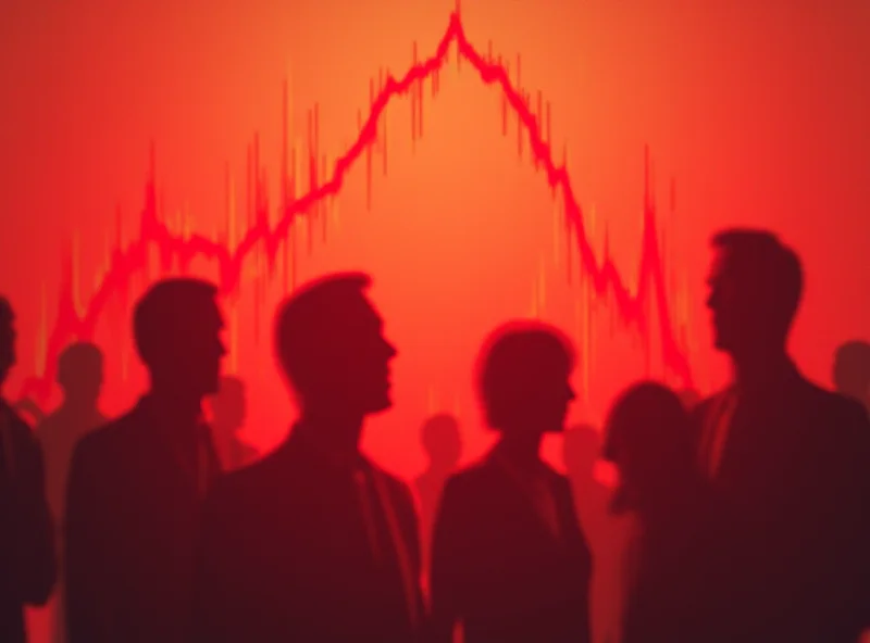 Conceptual image of a stock market chart with a downward trend, against a backdrop of anxious investors.