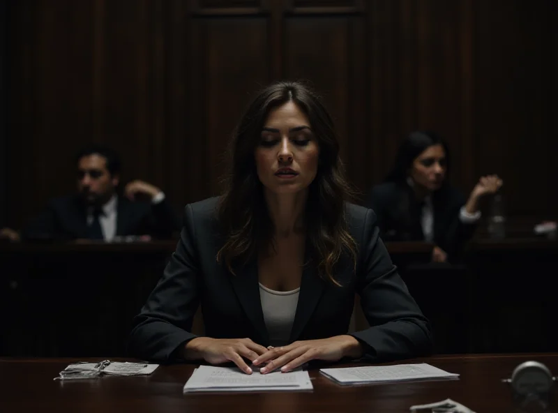 A somber courtroom scene with a woman on trial.