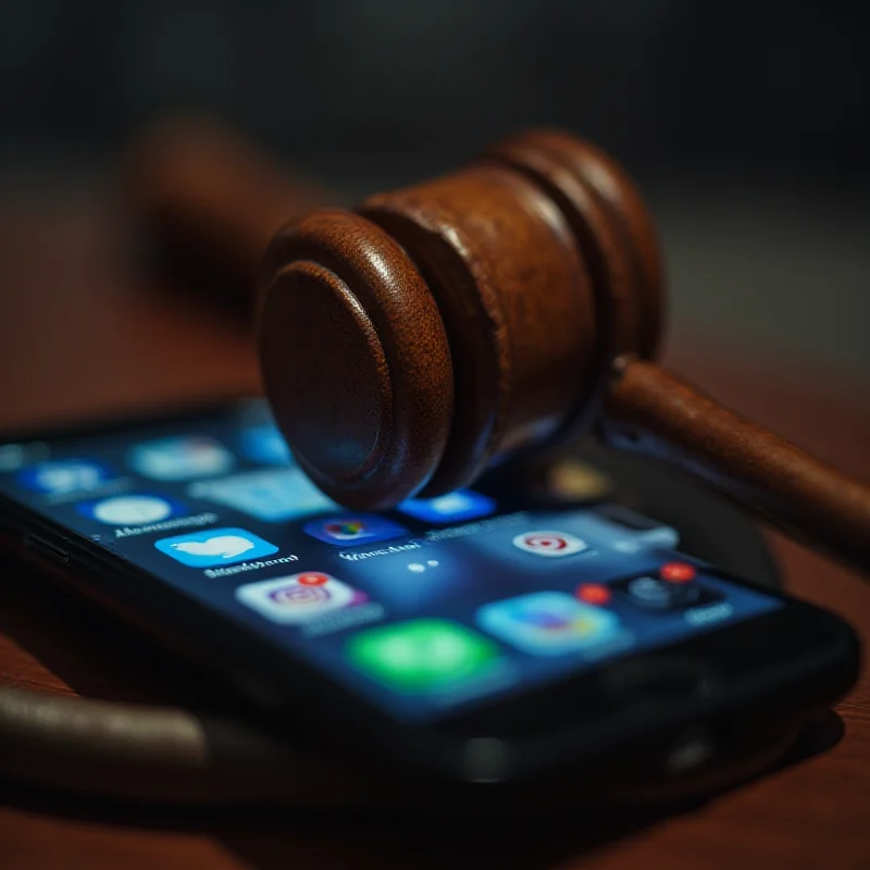 A gavel resting on a smartphone screen displaying social media icons, symbolizing the Supreme Court's involvement in social media regulations.