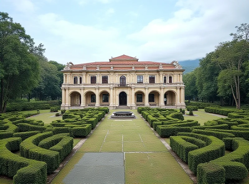 Wide shot of the Imperial Museum in Petrópolis, Brazil, highlighting its architecture and surroundings. Subtle AI camera overlays indicate the presence of the security system.