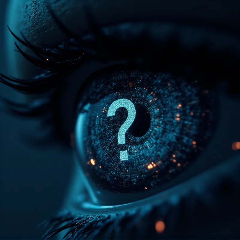 Close-up of a stylized digital eye, representing AI, with a reflection of a question mark, symbolizing the uncertainty and ethical considerations surrounding AI development.