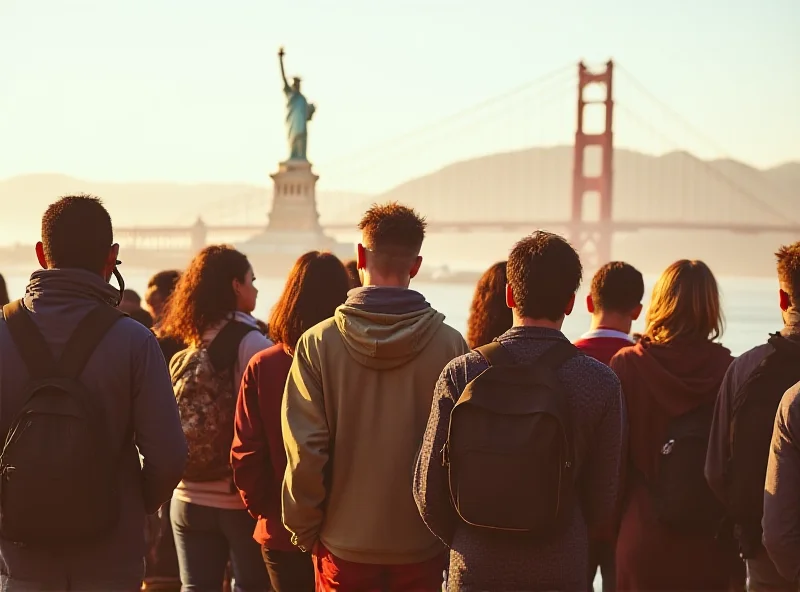 A diverse group of people standing in front of iconic American landmarks, symbolizing the blending of cultures.