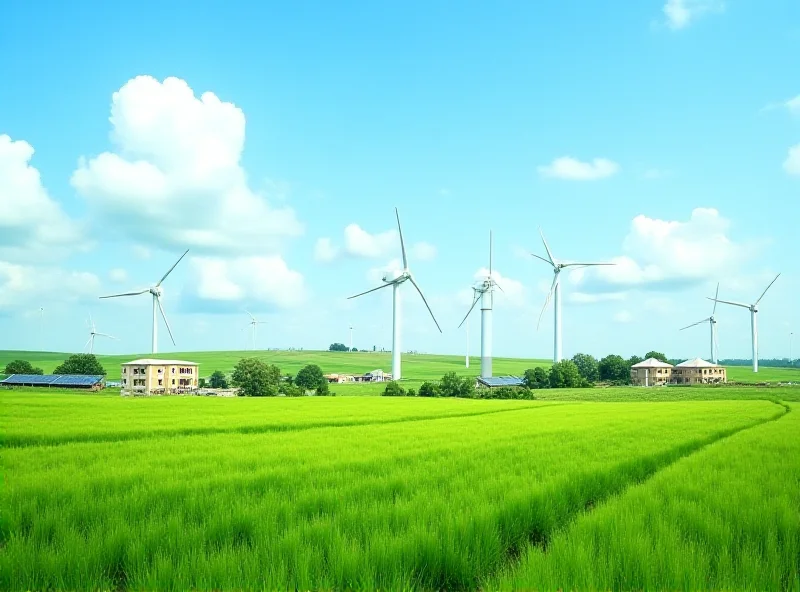 A lush green landscape in Uzbekistan with wind turbines and solar panels in the background, symbolizing the country's transition to renewable energy.