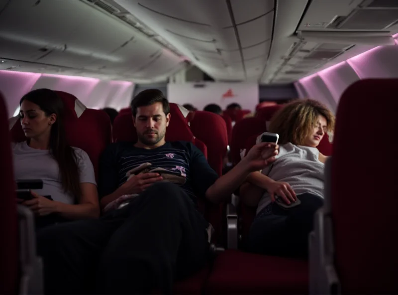 Interior view of a Virgin Atlantic Airbus A350 cabin, showing passengers looking concerned and weary after a long flight.