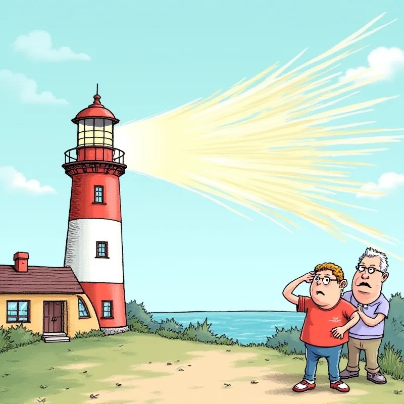 Illustration of a lighthouse with a very loud beep emanating from it, causing distress to nearby residents.