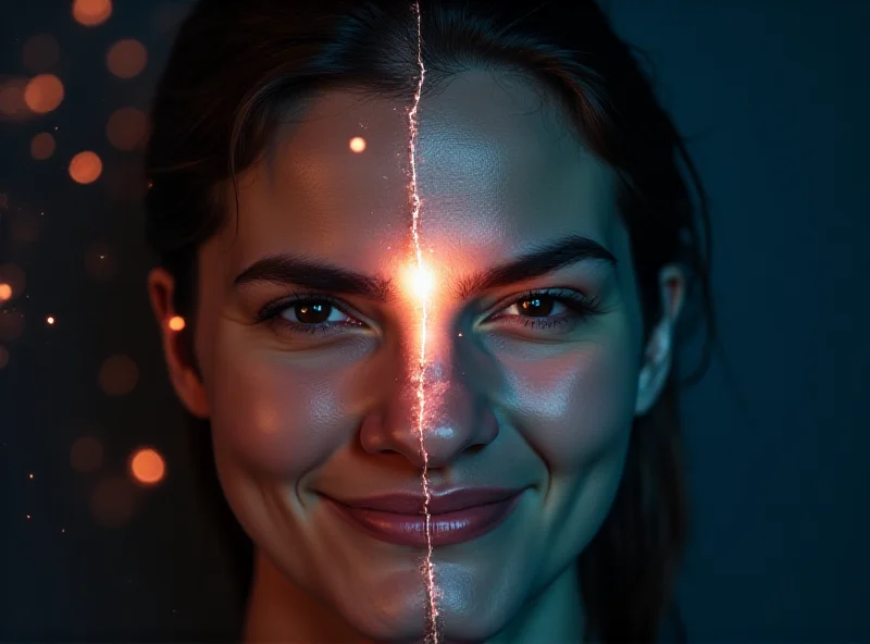 A split screen showing a person smiling optimistically on one side, and a person looking concerned on the other, with AI circuitry in the background.