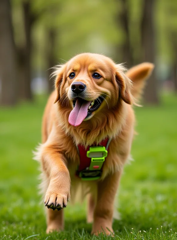 A fluffy golden retriever happily interacting with a brightly colored smartphone designed for pets.