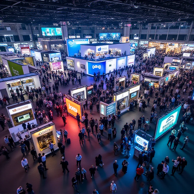 Aerial view of the Mobile World Congress in Barcelona, showing crowds of people and various tech booths.