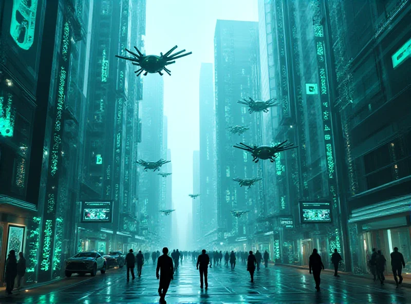 Futuristic cityscape with AI integrated into various aspects of daily life.