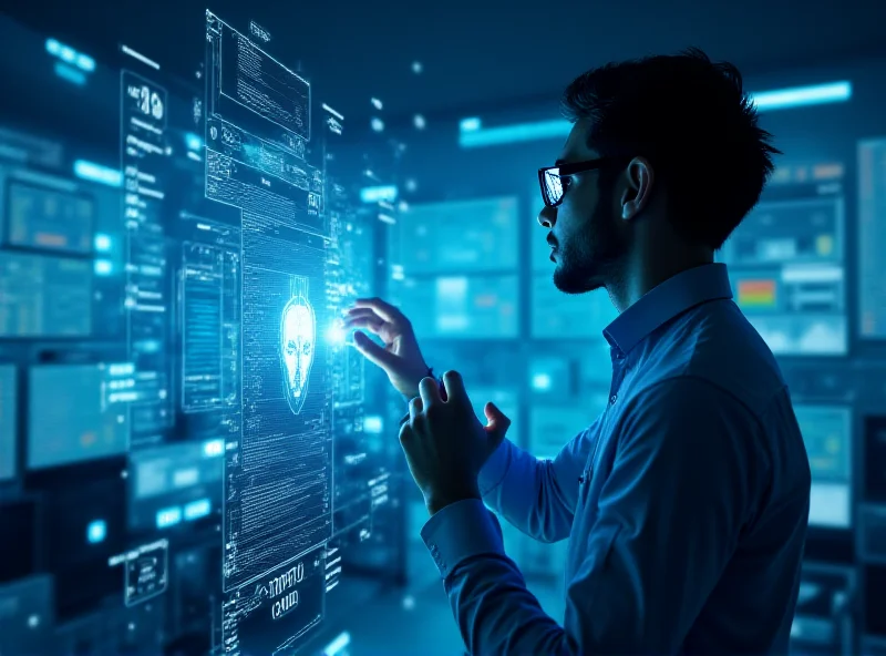 Cybersecurity analyst using an AI assistant, visualising network security data on a holographic display.