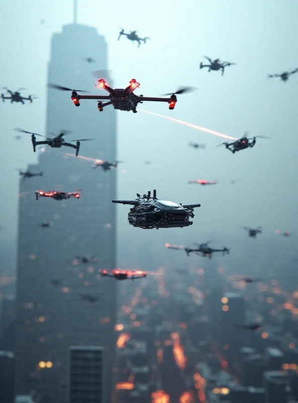 A futuristic counter-drone system intercepting a swarm of drones over a cityscape.