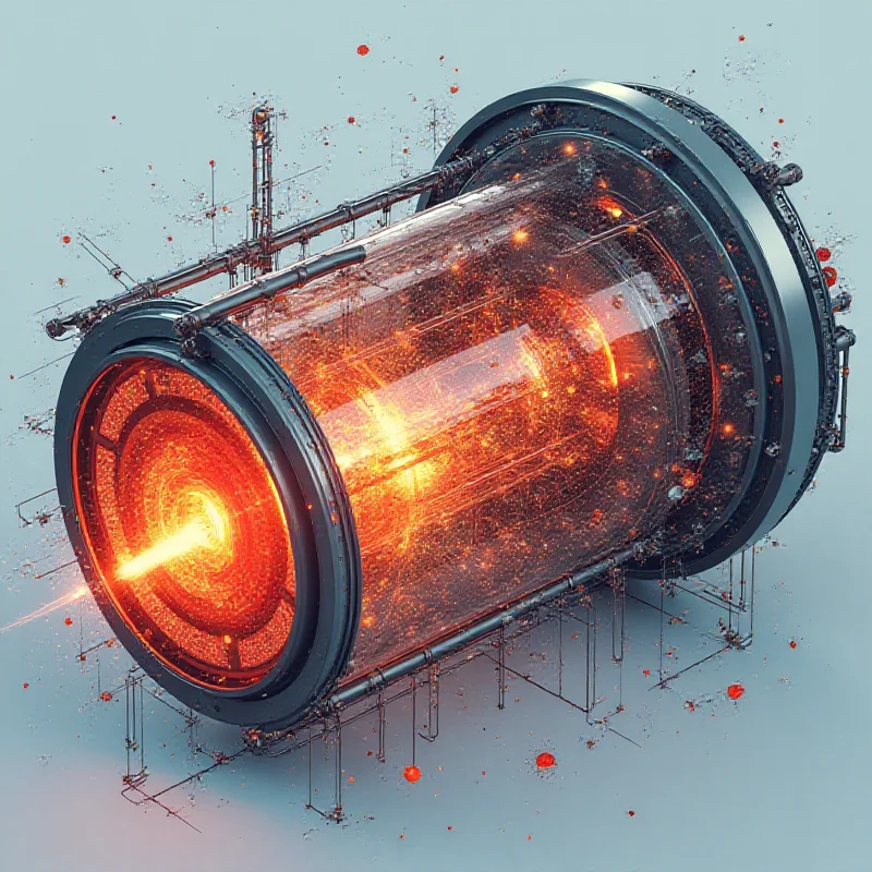 A simplified stellarator fusion reactor design, clean and futuristic, with a schematic diagram showing the core components.