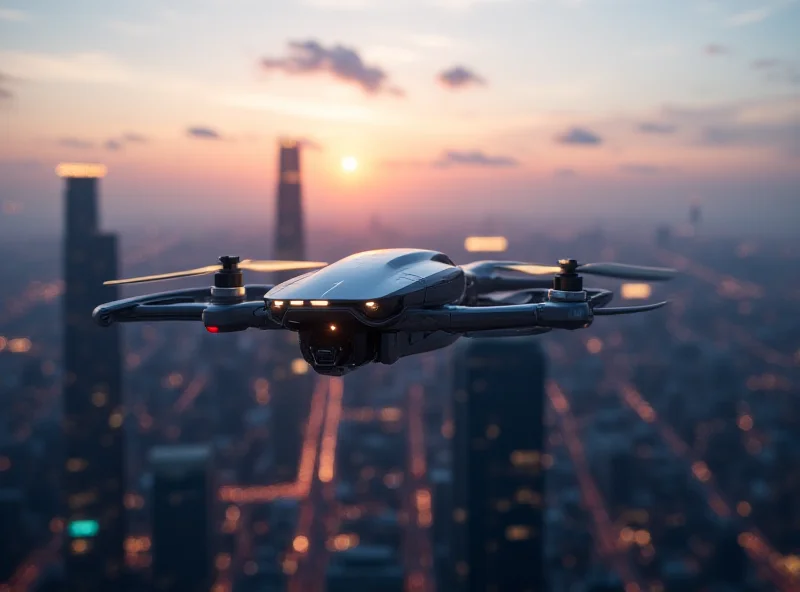 AI drone flying over a futuristic cityscape