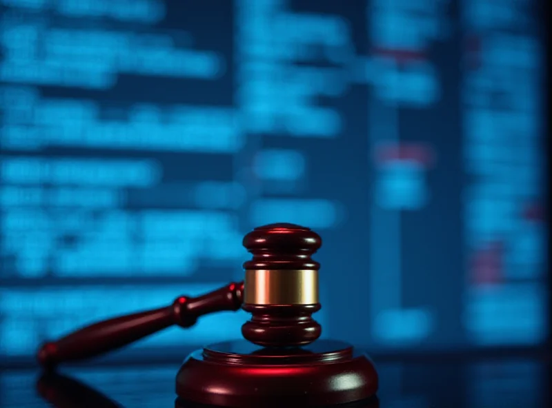 Conceptual image of a gavel striking a computer screen with AI code in the background.