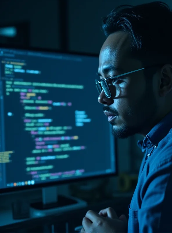 A software developer reviewing lines of code on a computer screen, with AI icons subtly integrated into the background.