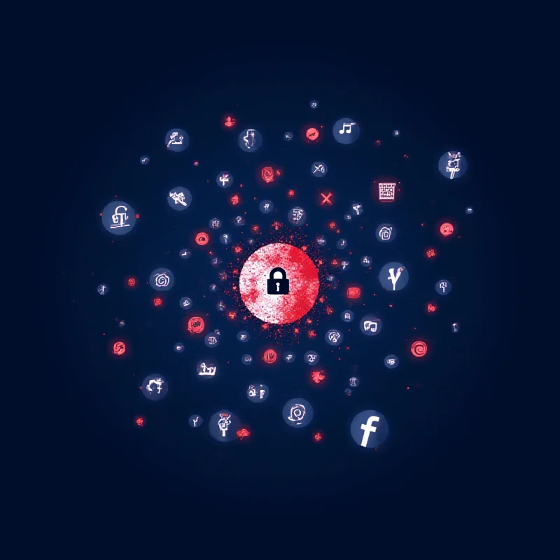 A stylized image representing a data breach, with fragmented icons of Facebook and Instagram logos.